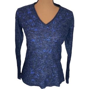 Skin alpaca blend metallic splatter navy v-neck exposed seam sweater size S